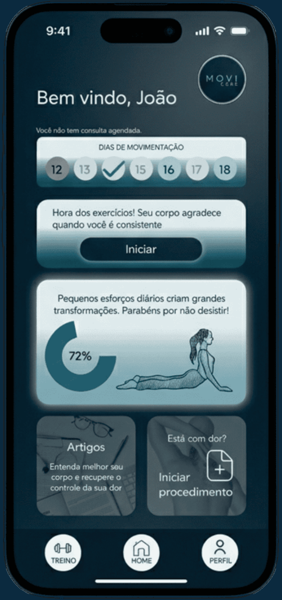 Aplicativo MoviCare no celular, com o plano de exercícios e o progresso do tratamento